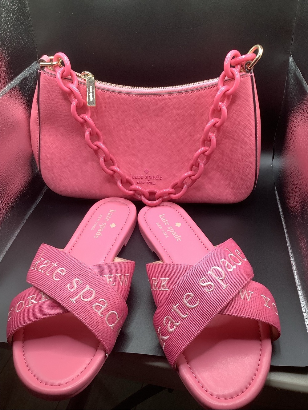 kate spade Hot Pink Logo Slide Sandals Size7.5 With Matching Chain-Shoulder Bag